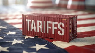 Image of a shipping container with the word tariffs on it